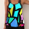 Geometric Pattern Multicolored Tankini Sets, Round Neck Boxer Short Bottom Two Pieces Swimsuit, Women's Swimwear & Clothing